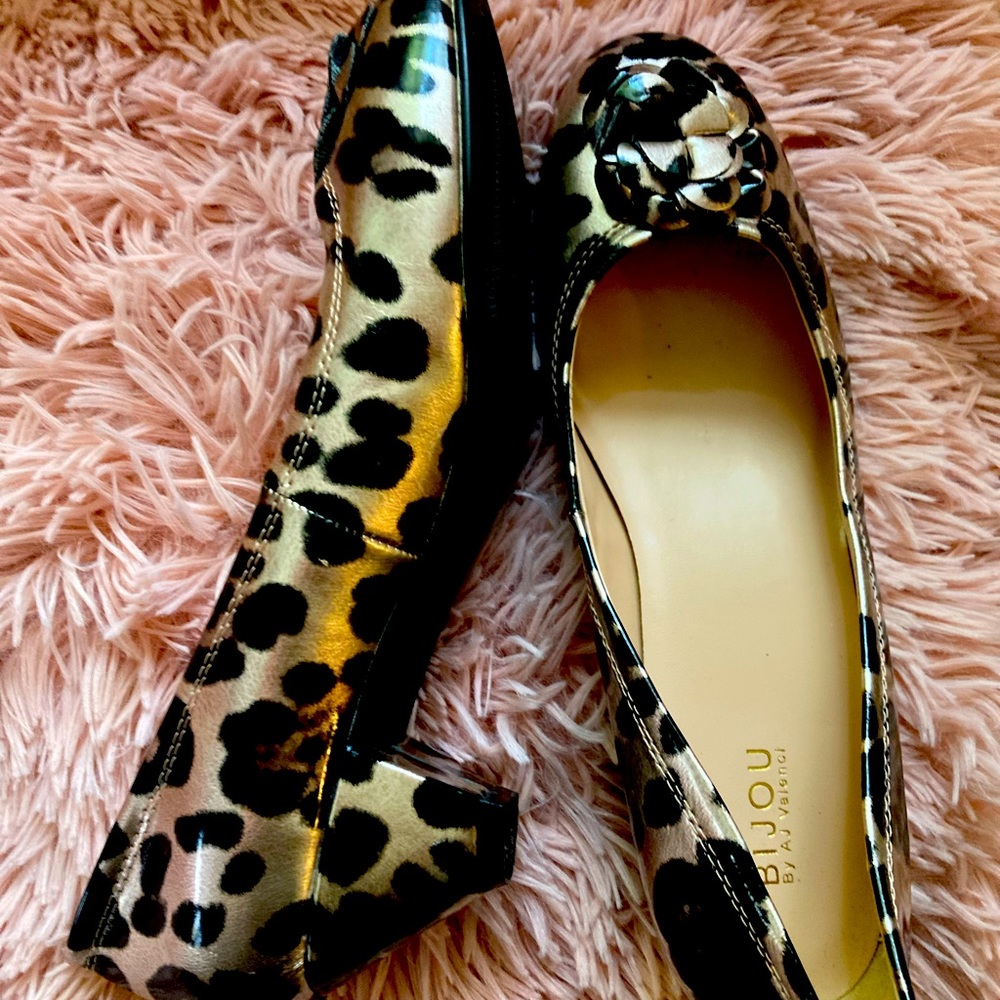 Bijou Leopard Print Slip On Heels Metallic Gold Bronze Black